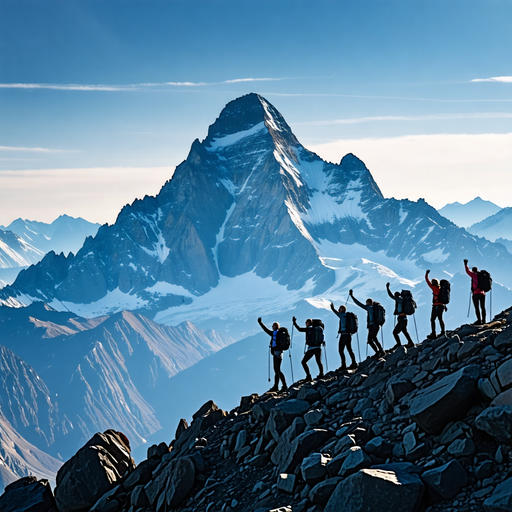 Conquering the Peak: Hikers Silhouetted Against a Majestic Mountain