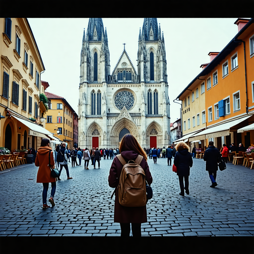 Serene Grandeur: A Woman Stands Before a Majestic Cathedral