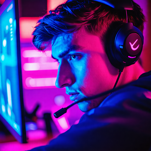 Lost in the Digital Realm: A Young Man’s Intense Focus Under Neon Lights