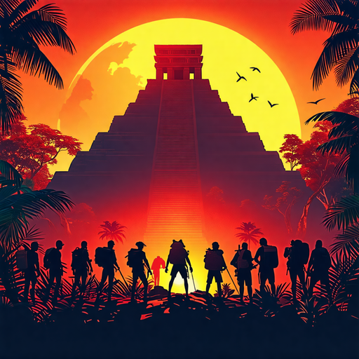 Silhouettes of Adventure: A Mayan Pyramid Under the Yellow Moon