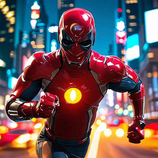 Superhero in Motion: Blurred Lights and Dynamic Pose Capture the Thrill of the Chase