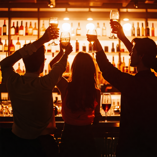 Friends Toast to Good Times in Warmly Lit Bar