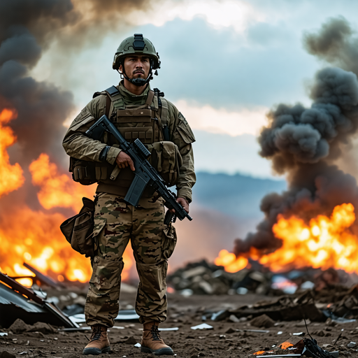 Calm Amidst the Chaos: A Soldier’s Stoic Stance in a War-Torn Zone