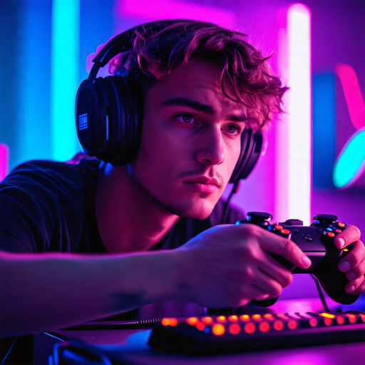 Neon Glow, Intense Focus: Gamer Lost in the Virtual World