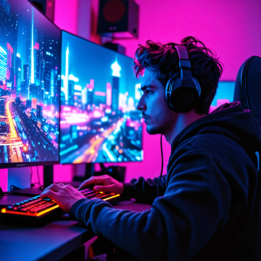 Neon Glow of Focus: A Gamer’s Intensity in the Digital Realm