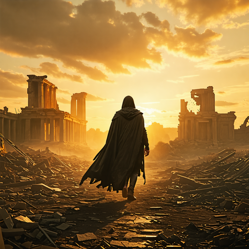 Silhouetted Against the Setting Sun, a Lone Figure Walks Towards Ruin