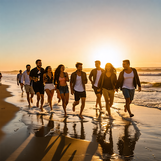 Golden Hour Bliss: Friends Embrace the Sunset on a Beach Run