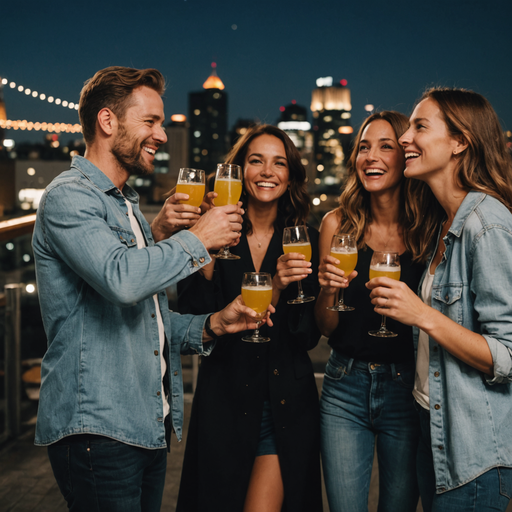 Rooftop Cheers: Friends Celebrate Under the City Lights