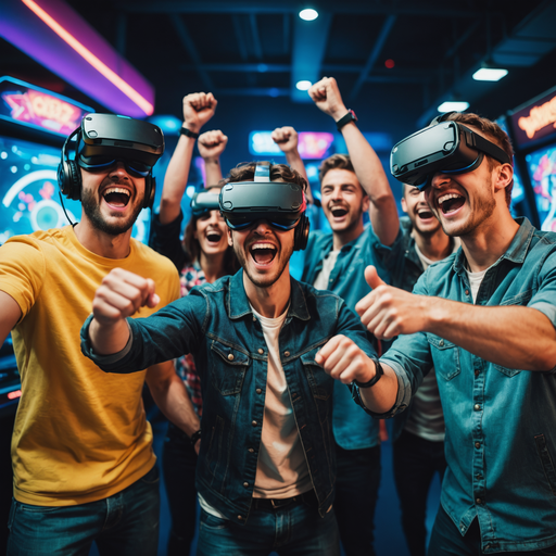 VR Victory: Friends Celebrate in a Neon-Lit World