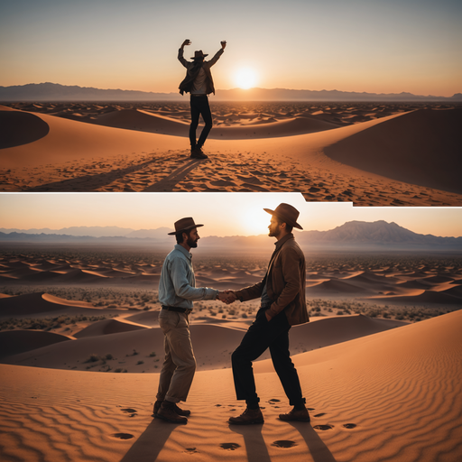 Sunset Handshake: Two Friends Embark on a Desert Adventure