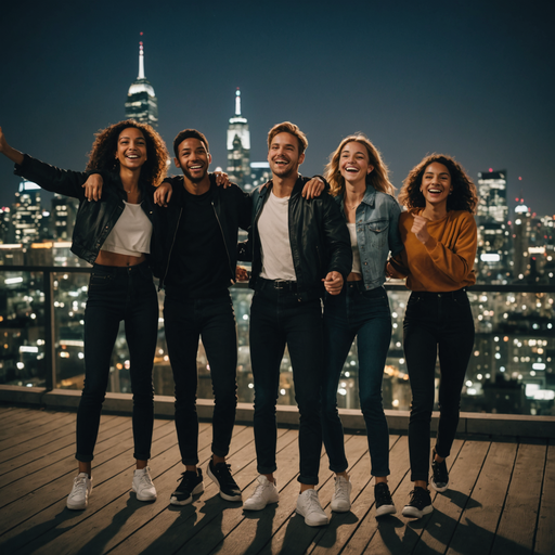 City Lights, City Dreams: Young Friends Celebrate on a Rooftop