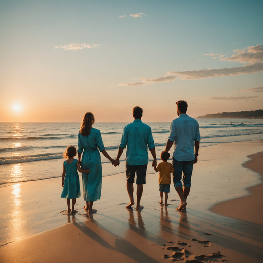 Golden Sunset Silhouette: A Family’s Tranquil Beach Walk