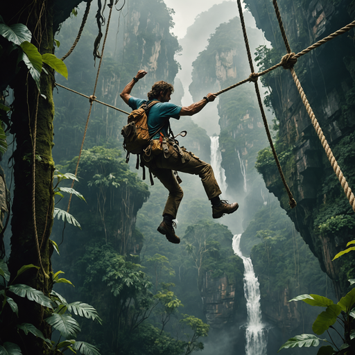 Precarious Perch: Man Dangles Over Lush Jungle