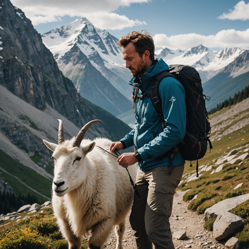 Man and Mountain Goat Share a Moment of Peace in Majestic Landscape