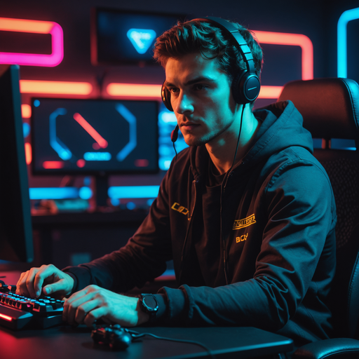 Neon Glow, Focused Flow: Gamer Immersed in the Digital Realm