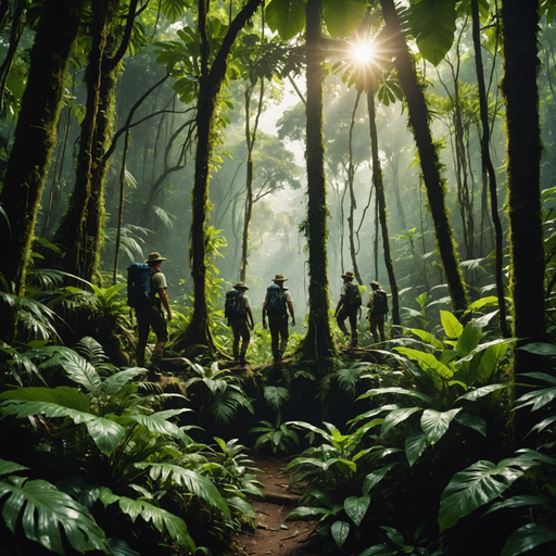 Sunbeams Illuminate Adventurous Hikers in a Mysterious Jungle