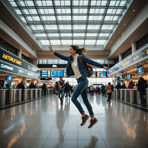 Joyful Leap in a Modern Airport