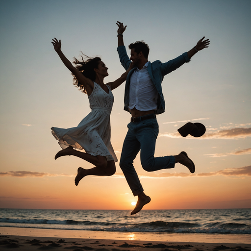 Joyful Leap into the Sunset: A Silhouette of Love and Freedom