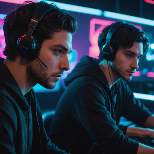 Neon-Lit Focus: Two Gamers Locked in Intense Competition