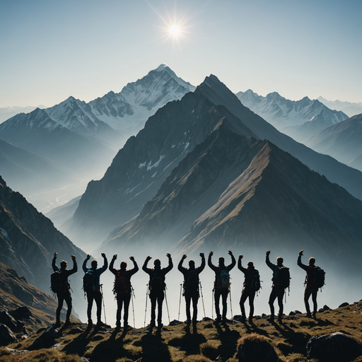 Conquering the Summit: Hikers Celebrate Against a Majestic Mountain Range