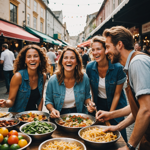 Friends Sharing Laughter and Food at a Vibrant Street Market