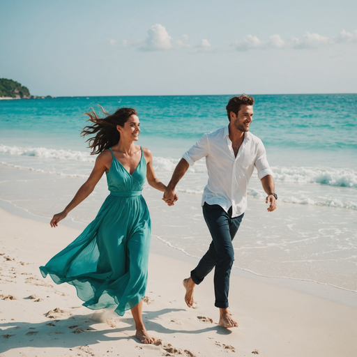 Carefree Couple Embraces the Beauty of a White Sandy Beach