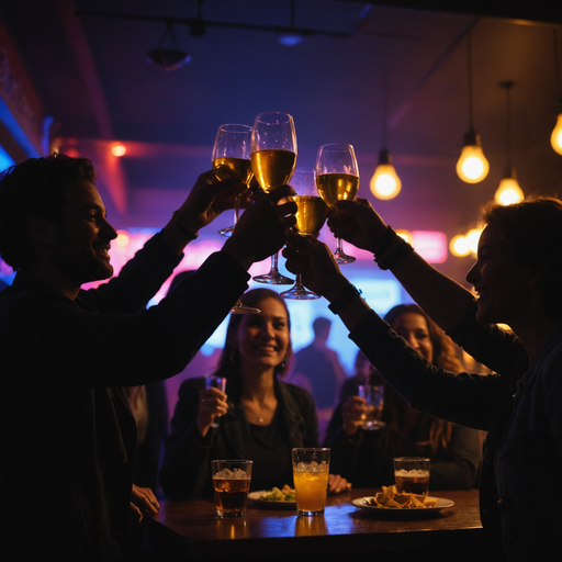 Silhouettes of Joy: Friends Celebrate in a Dimly Lit Bar