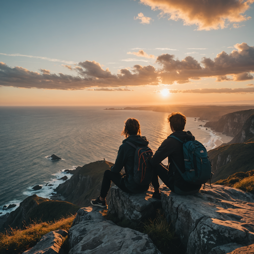 Sunset Silhouette: Two Figures Find Tranquility on a Cliffside