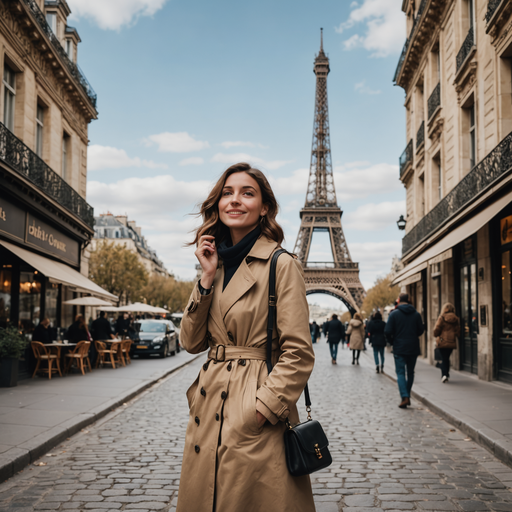 Parisian Romance: A Woman in a Trench Coat Under the Eiffel Tower