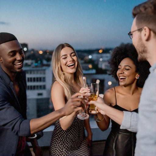 Friends Toast to the City Lights at Dusk