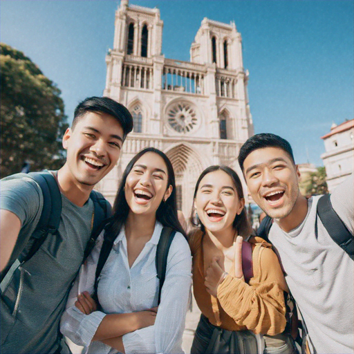 Friends Capture Joyful Memories in Front of Historic Cathedral