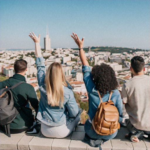 Friends Celebrate on Rooftop with City Skyline as Their Backdrop