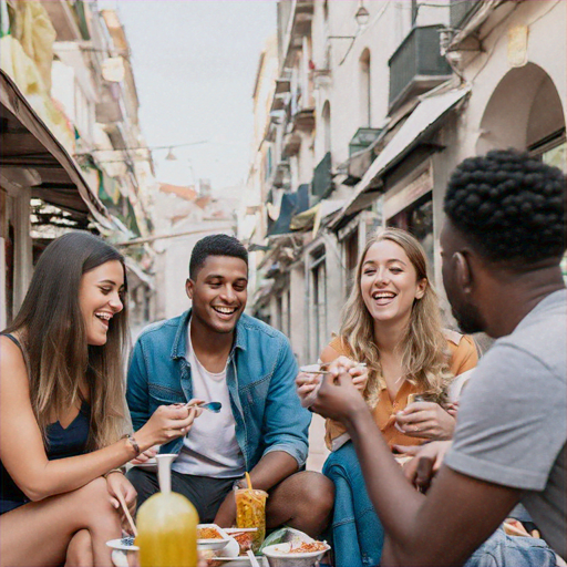 Friends Sharing Laughter and Good Times Over a City Meal