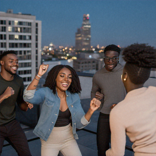 Rooftop Revelry: Friends Celebrate with City Lights as Backdrop