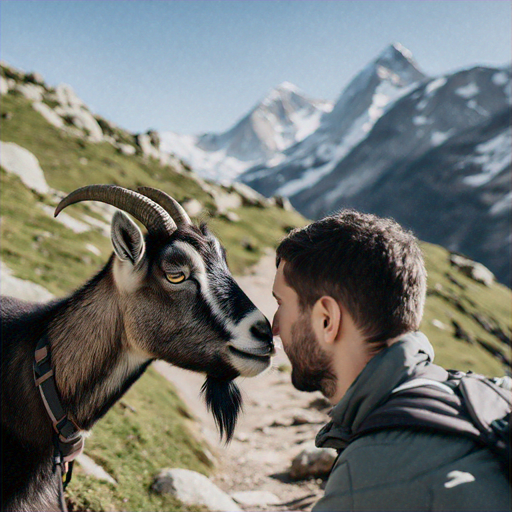 Man and Goat Share a Moment of Playful Connection in Majestic Mountains