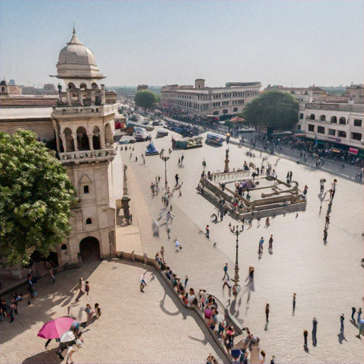 A Bustling Urban Oasis: High Angle View of a Plaza with Fountain