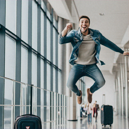 Taking Flight: Joyful Leap in a Blur of Airport Excitement