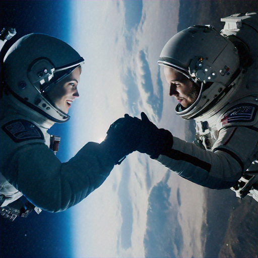 Two Astronauts, Hand in Hand, Against the Majesty of Earth