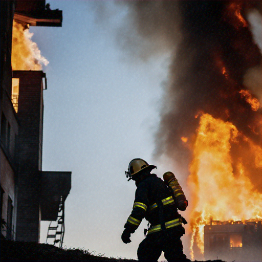 Heroic Silhouette: Firefighter Battles Blaze