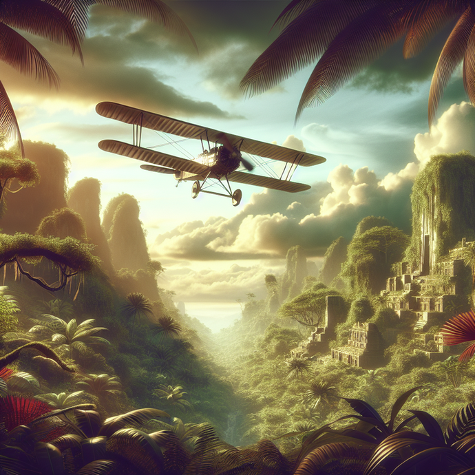 Lost City Adventure: A Vintage Biplane Soars Through Golden Sunset