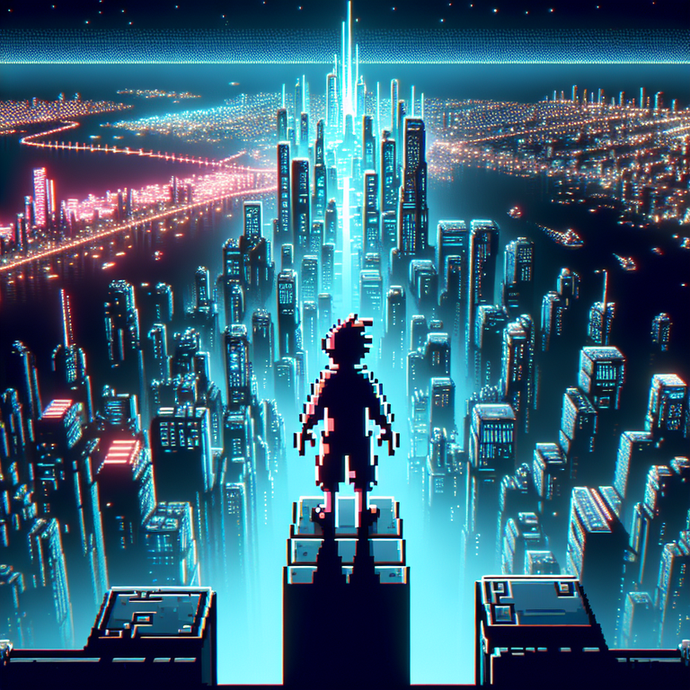 A Lone Figure in a Pixelated Metropolis