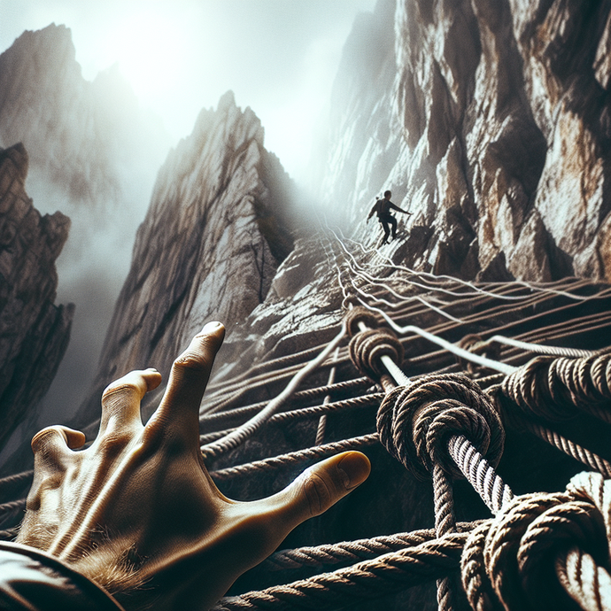 Reaching for Hope: A Hand Stretches Towards a Mountainside Ladder