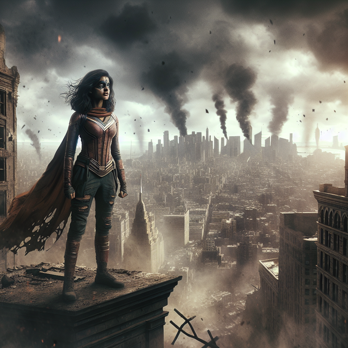 Hope Amidst the Ashes: A Superhero Stands Tall in a Ravaged City