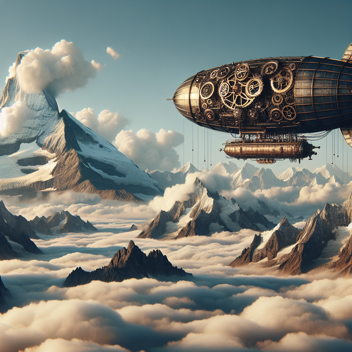 Steampunk Airship Soars Above Majestic Peaks