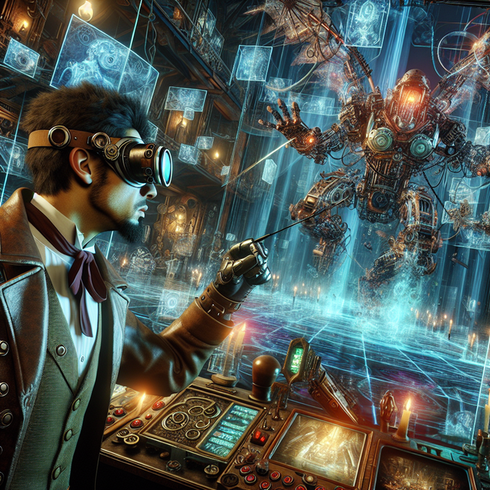 Steampunk Mastermind Controls a Mechanical Colossus in a Futuristic Lab