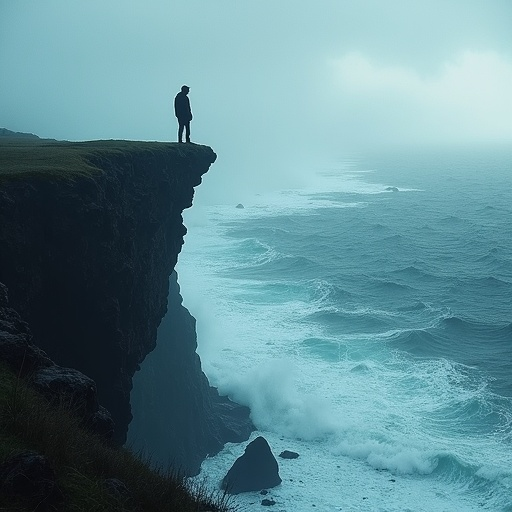 Silhouette of Solitude: A Figure Contemplates the Stormy Sea