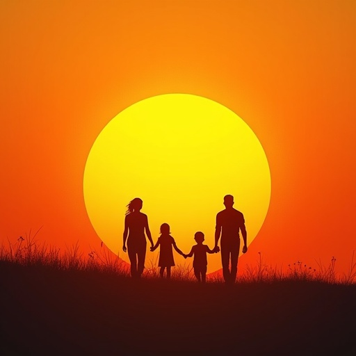 Silhouettes of Hope: A Family Walks Towards the Setting Sun