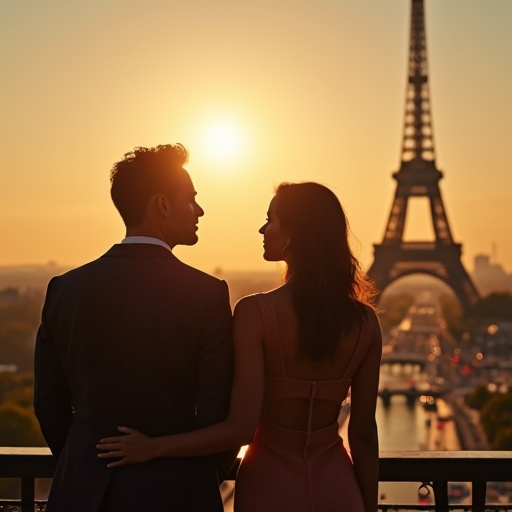 Silhouettes of Love at Sunrise: A Romantic Moment at the Eiffel Tower