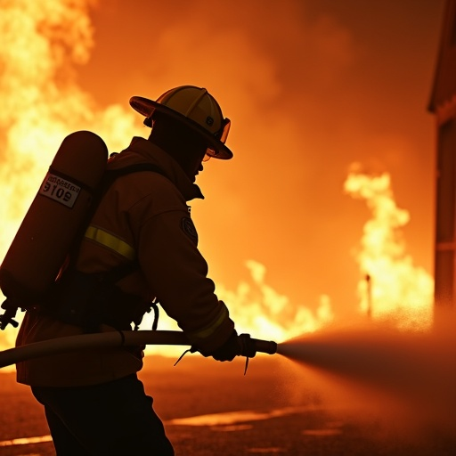 Silhouette of Courage: Firefighter Battles Blaze