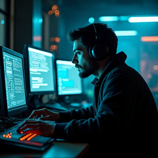 Lost in the Code: A Hacker’s Focus Under Neon Lights